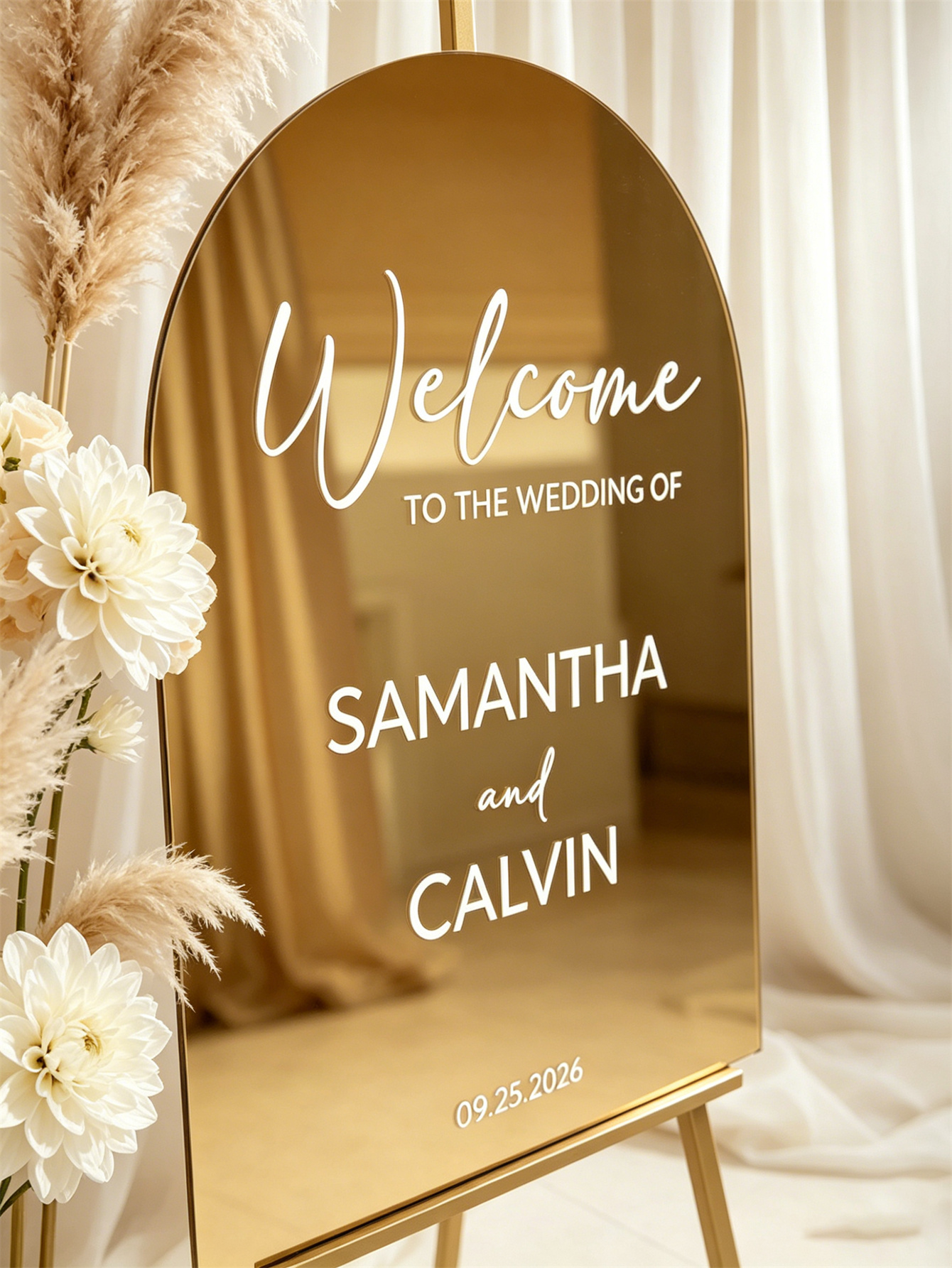 Mirror acrylic welcome signs, golden mirror wedding direction signs, custom wedding direction signs, ceremony welcome signs